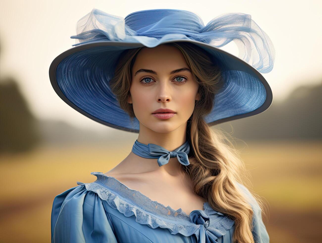 woman in blue dress and hat photo