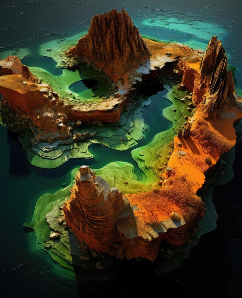 Surreal landscape with vibrant colors and unique rock formations photo
