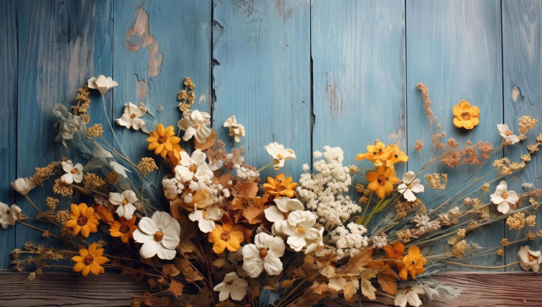 Vibrant floral arrangement on rustic wooden background photo