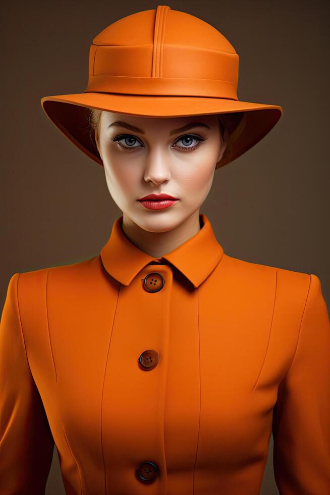stylish woman in orange coat and hat photo