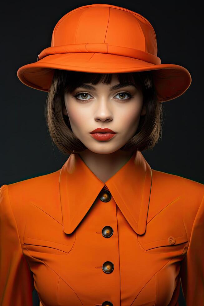 woman in bright orange coat and hat photo
