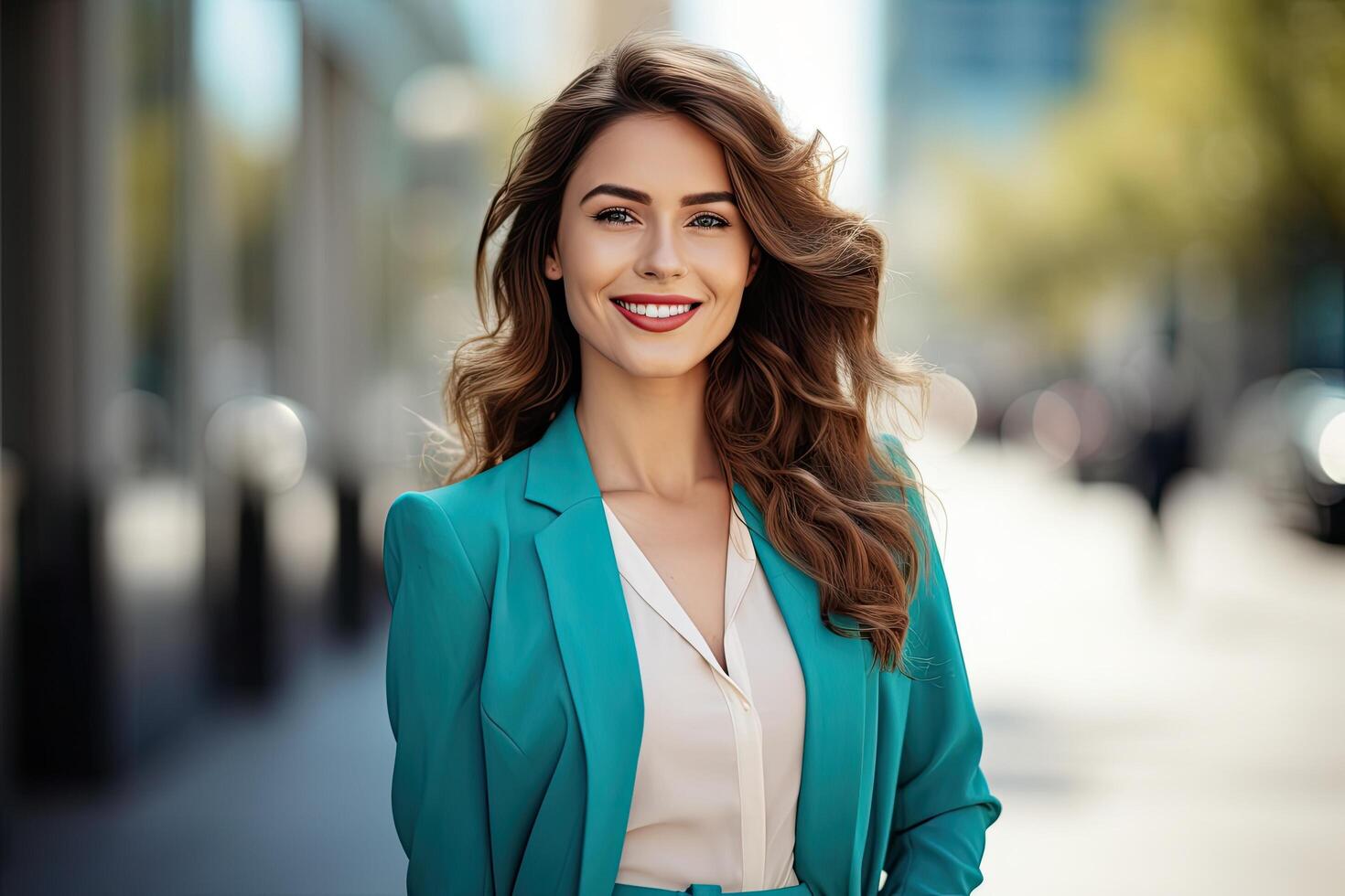 Confident businesswoman with wavy hair and bright smile photo