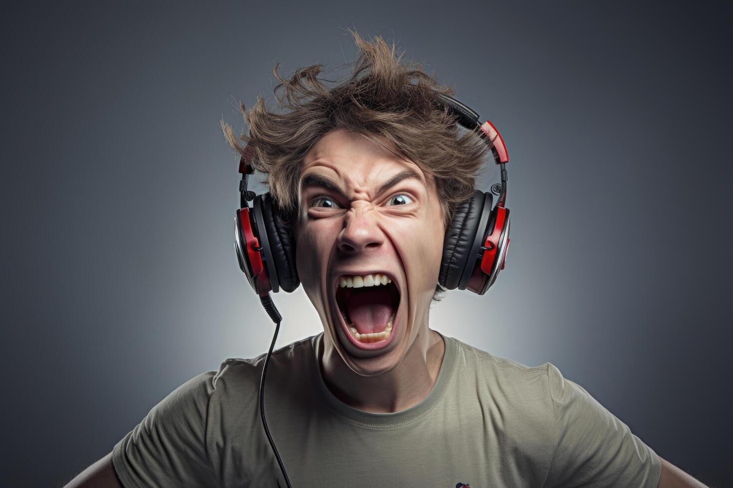 Angry young man screaming with headphones photo