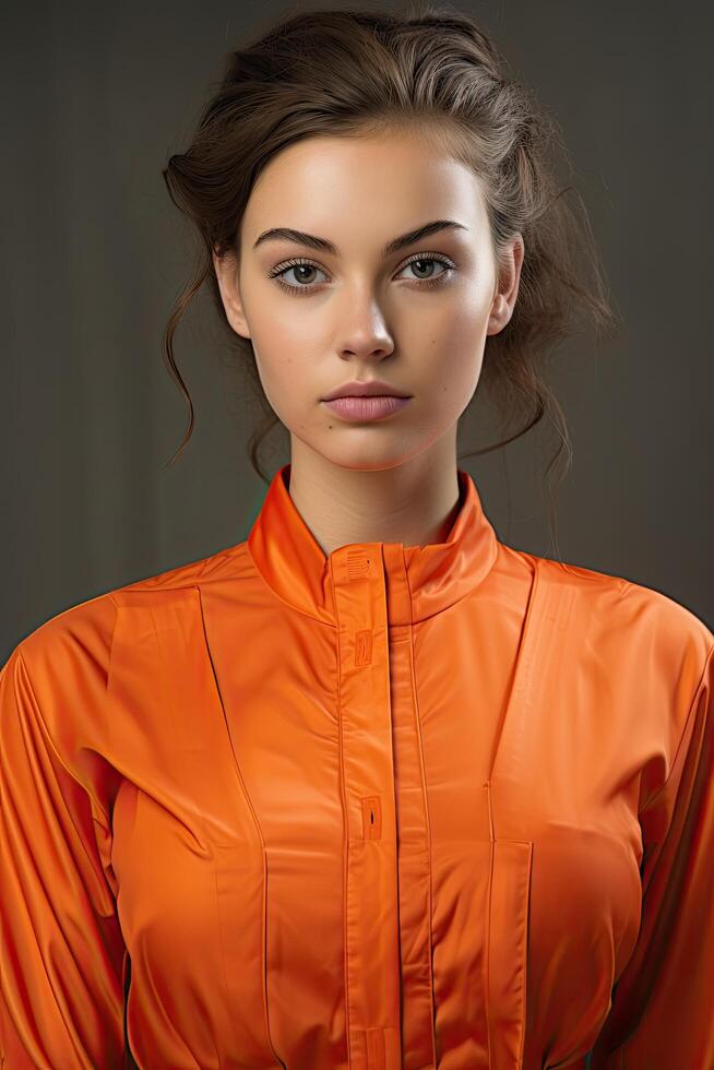 Portrait of a young woman in an orange jacket photo