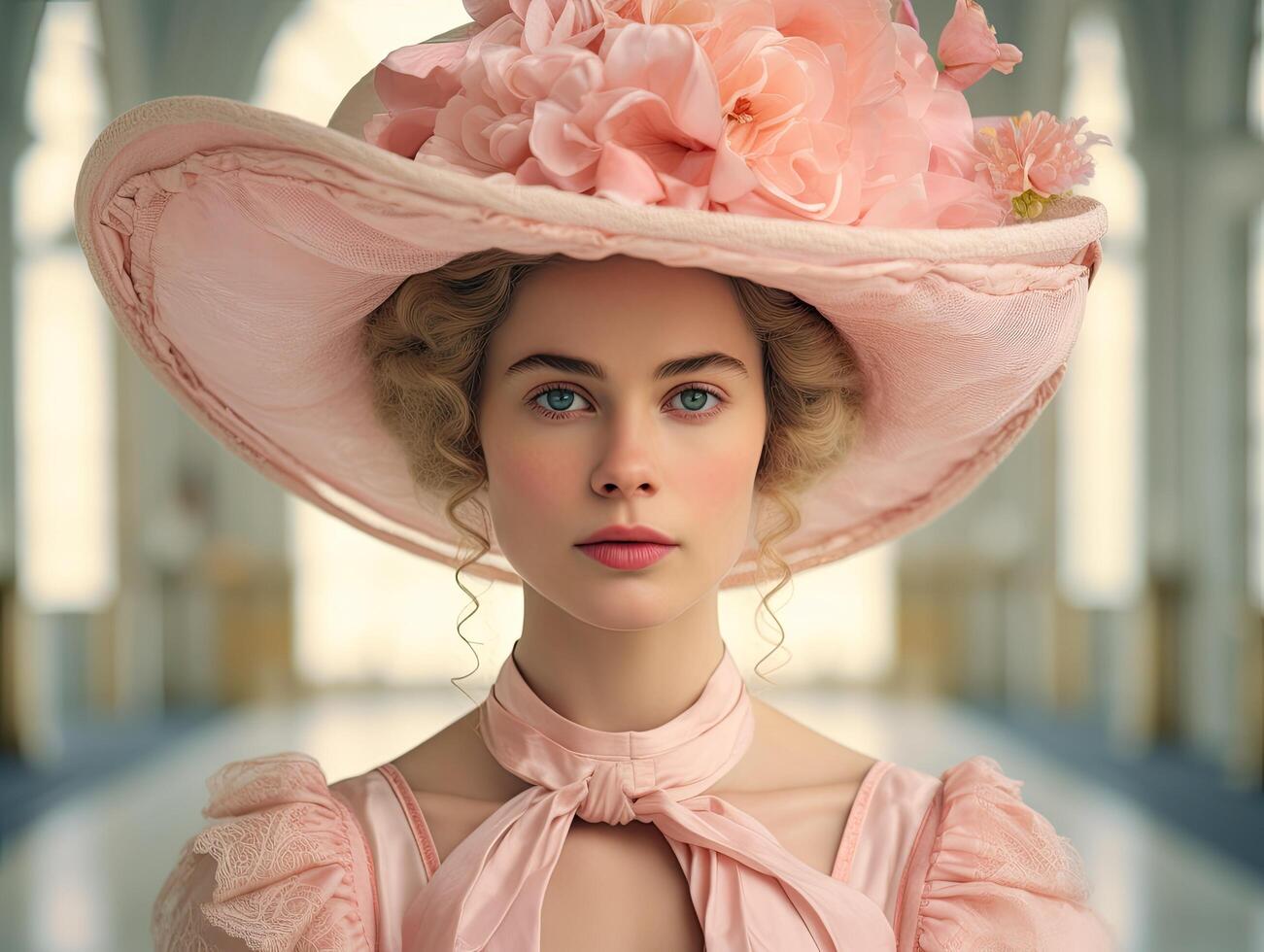 elegant woman in pink floral hat photo