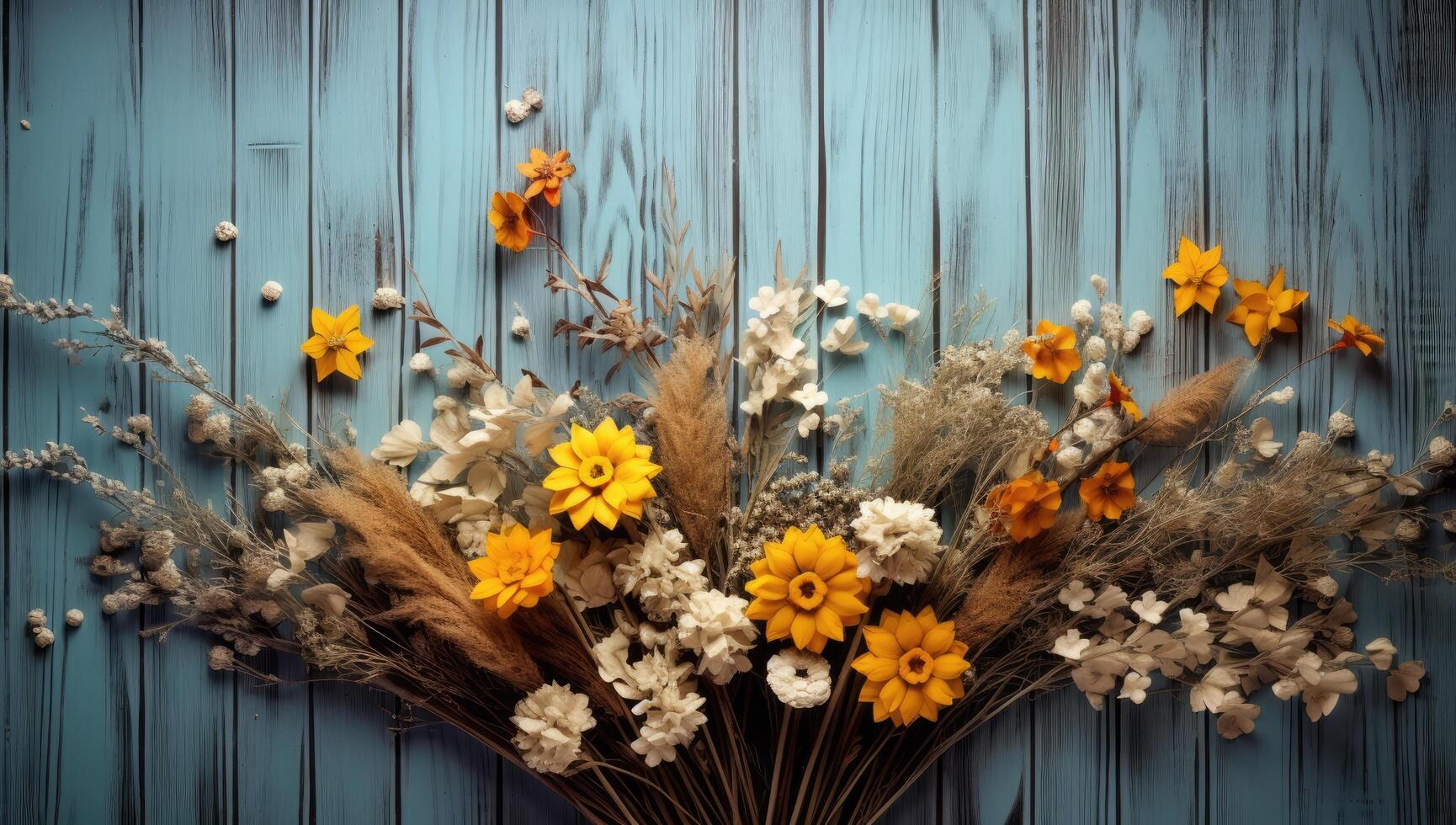 Autumn floral arrangement on rustic wooden background photo