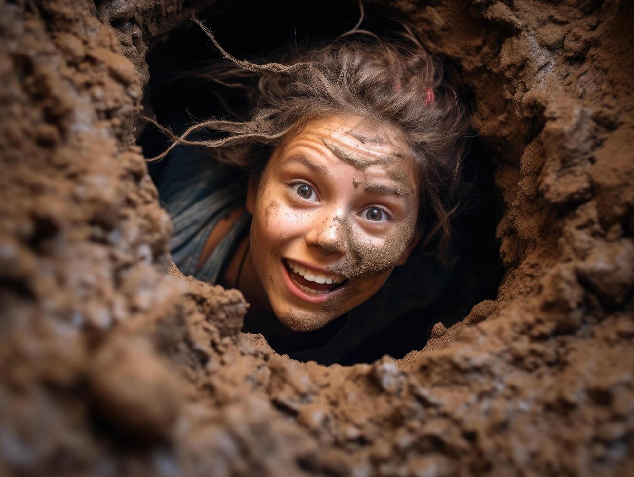 Smiling woman peeking out of cave photo