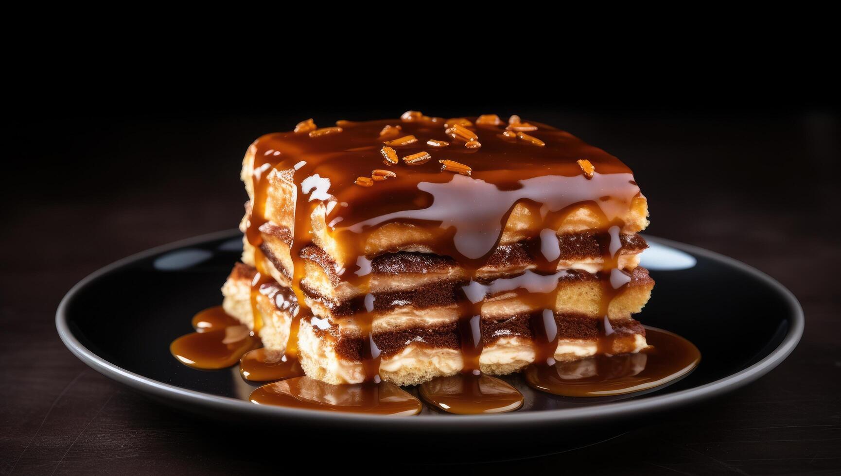 Delicious caramel drizzled dessert photo