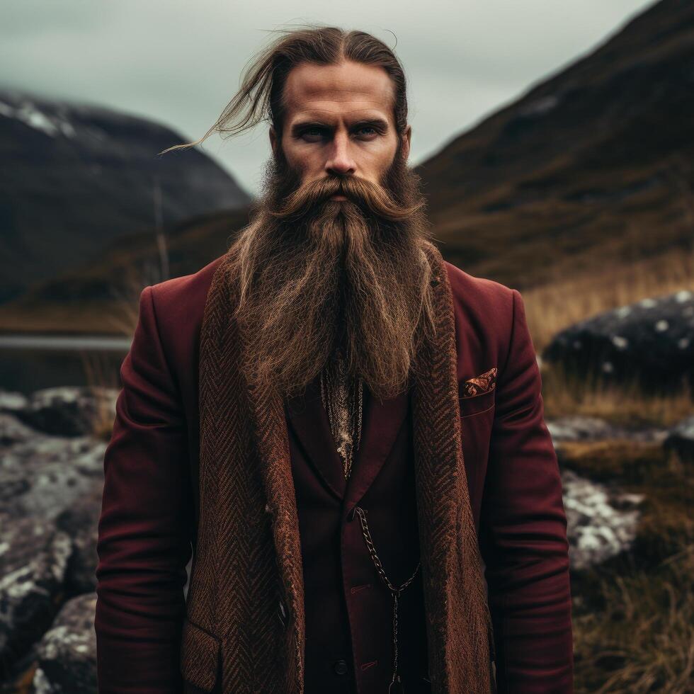 Bearded man in red coat standing in snowy mountains photo