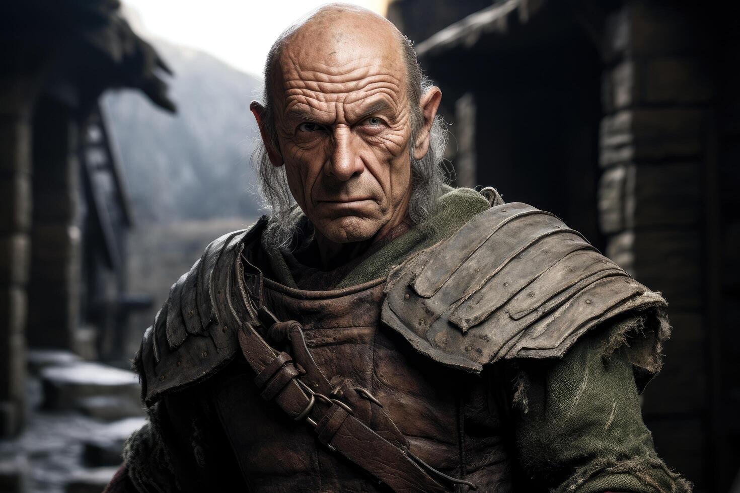 Rugged warrior with weathered face and intense expression photo