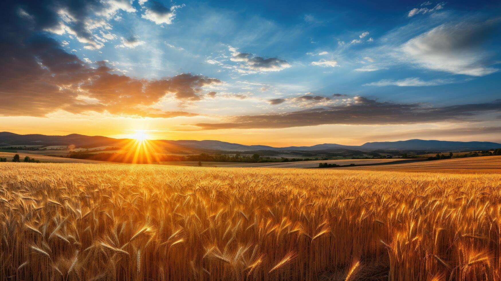 Breathtaking sunset over golden wheat field photo