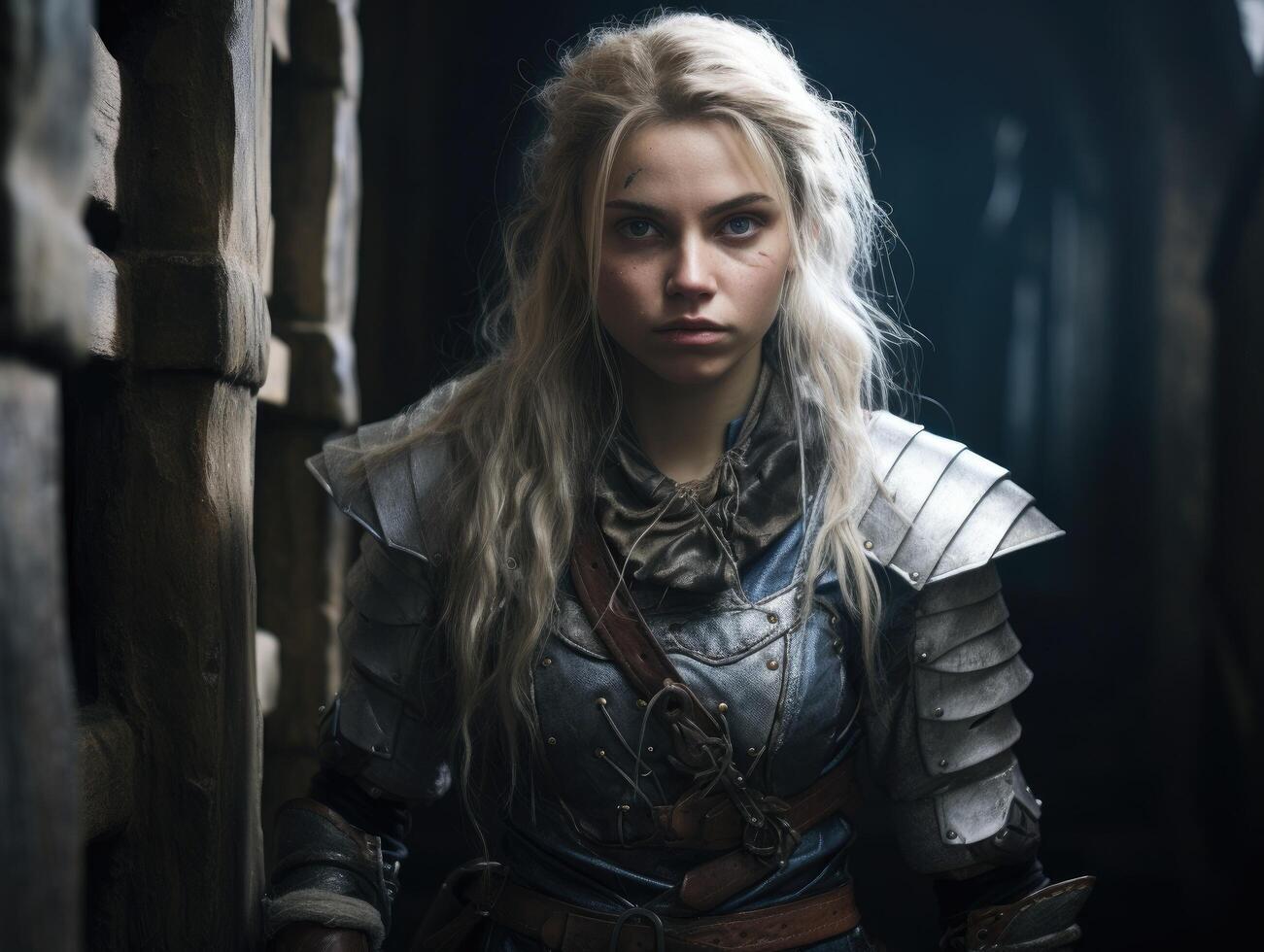 Fierce female warrior in dark fantasy setting photo