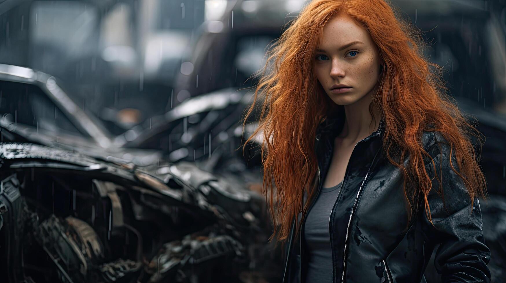 Redheaded woman in black leather jacket standing in front of damaged car photo