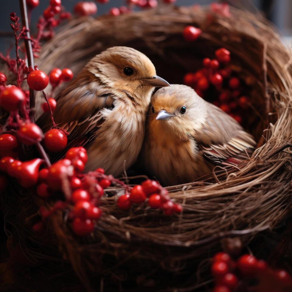 Adorable baby birds in a cozy nest surrounded by red berries photo