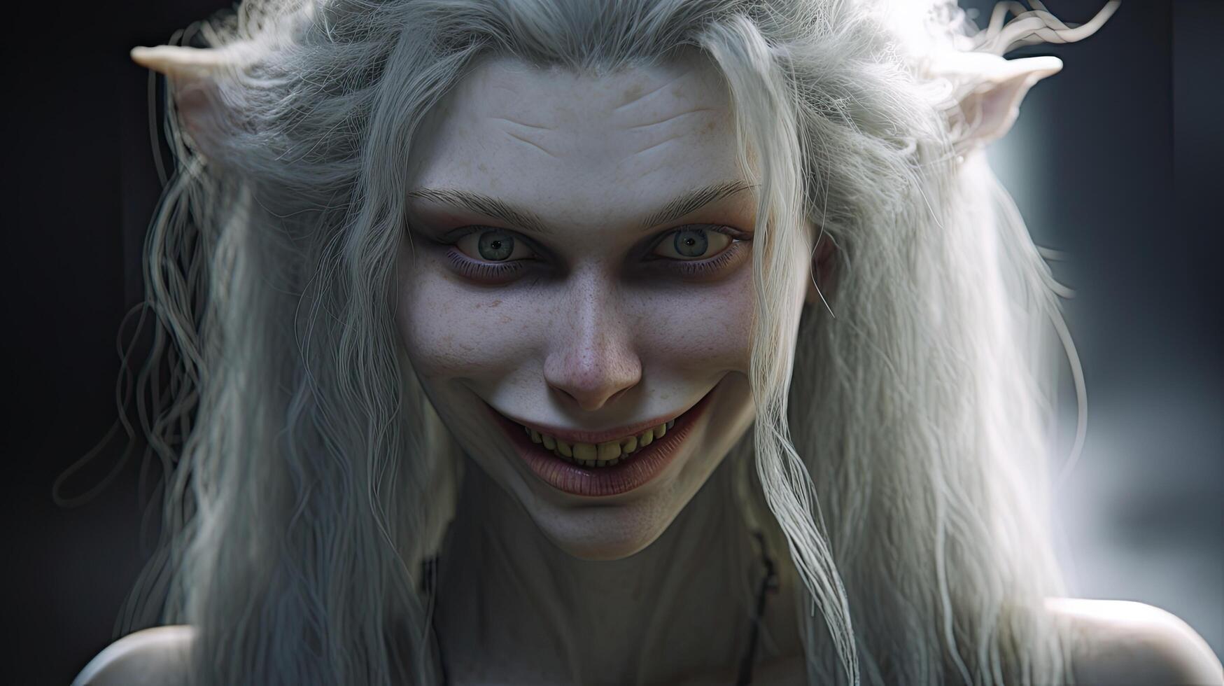 Creepy smiling woman with white hair photo