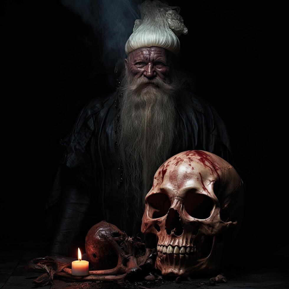 Mysterious old man with skull photo