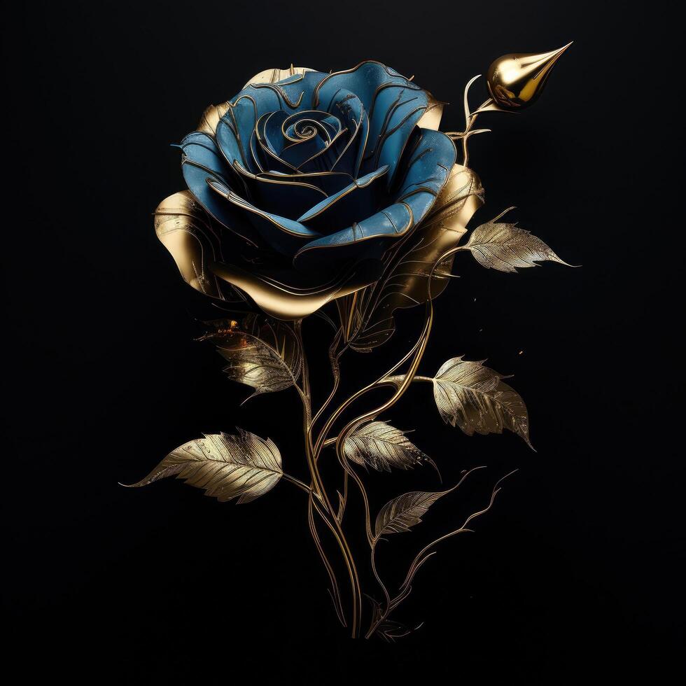 Elegant blue and gold rose flower on black background photo