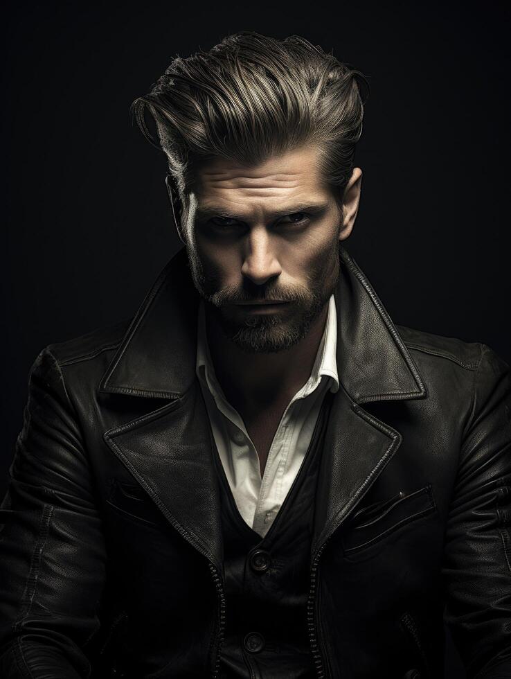 Intense male portrait with slicked back hair and beard photo