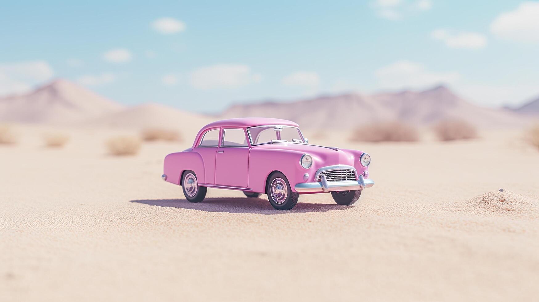 Vintage pink car in desert landscape photo