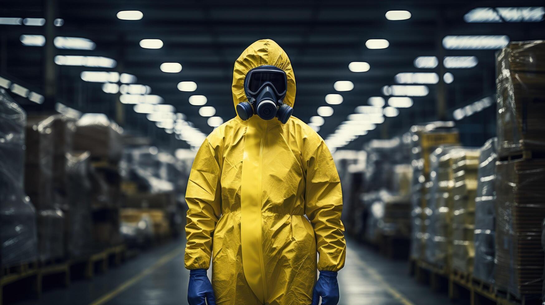 person in yellow hazmat suit walking in industrial warehouse photo