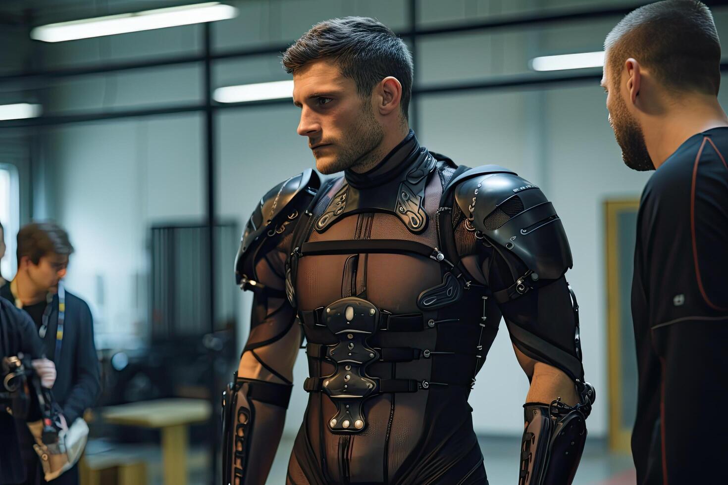 futuristic cyborg warrior in high tech armor photo