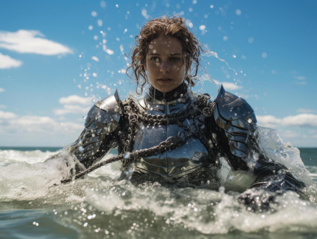 warrior woman in armor emerges from the sea photo