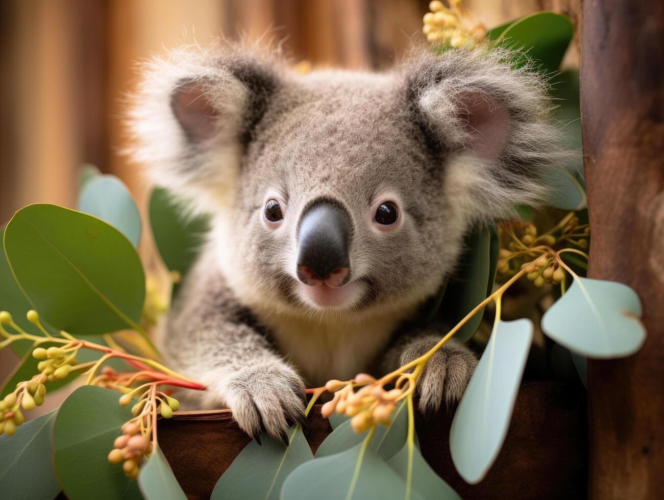 Cute koala in tree surrounded by leaves photo