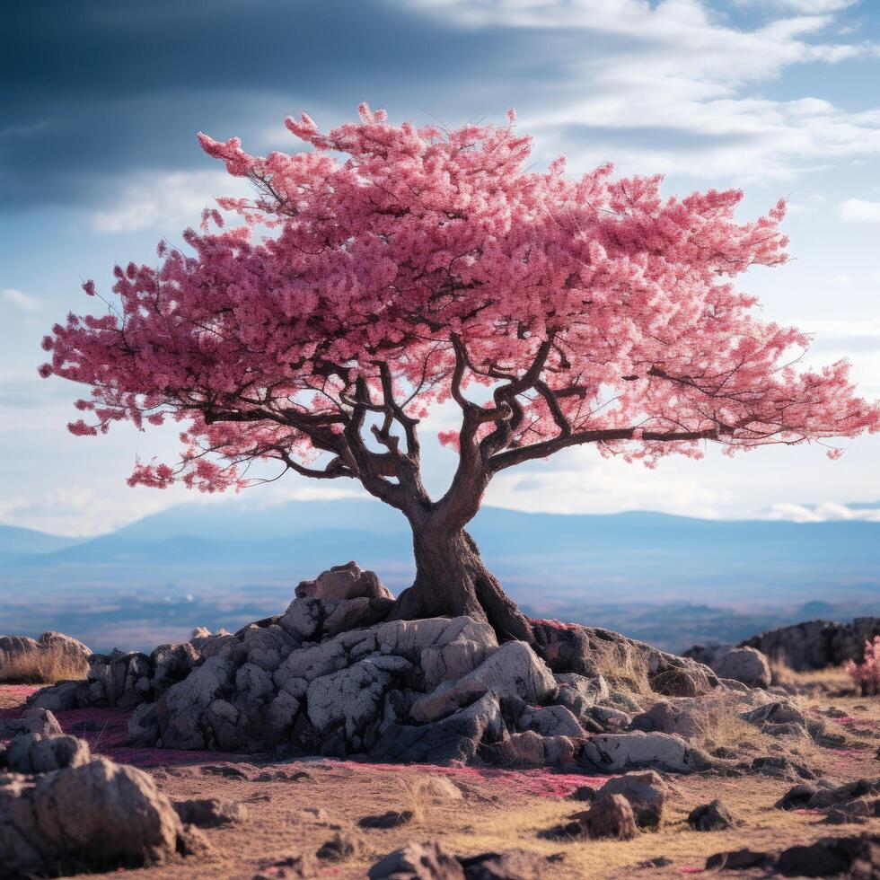 Vibrant pink cherry blossom tree on rocky mountain landscape photo