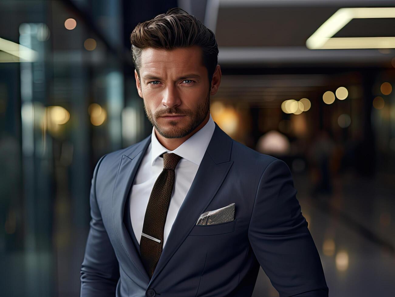 Handsome businessman in suit standing in front of city lights photo