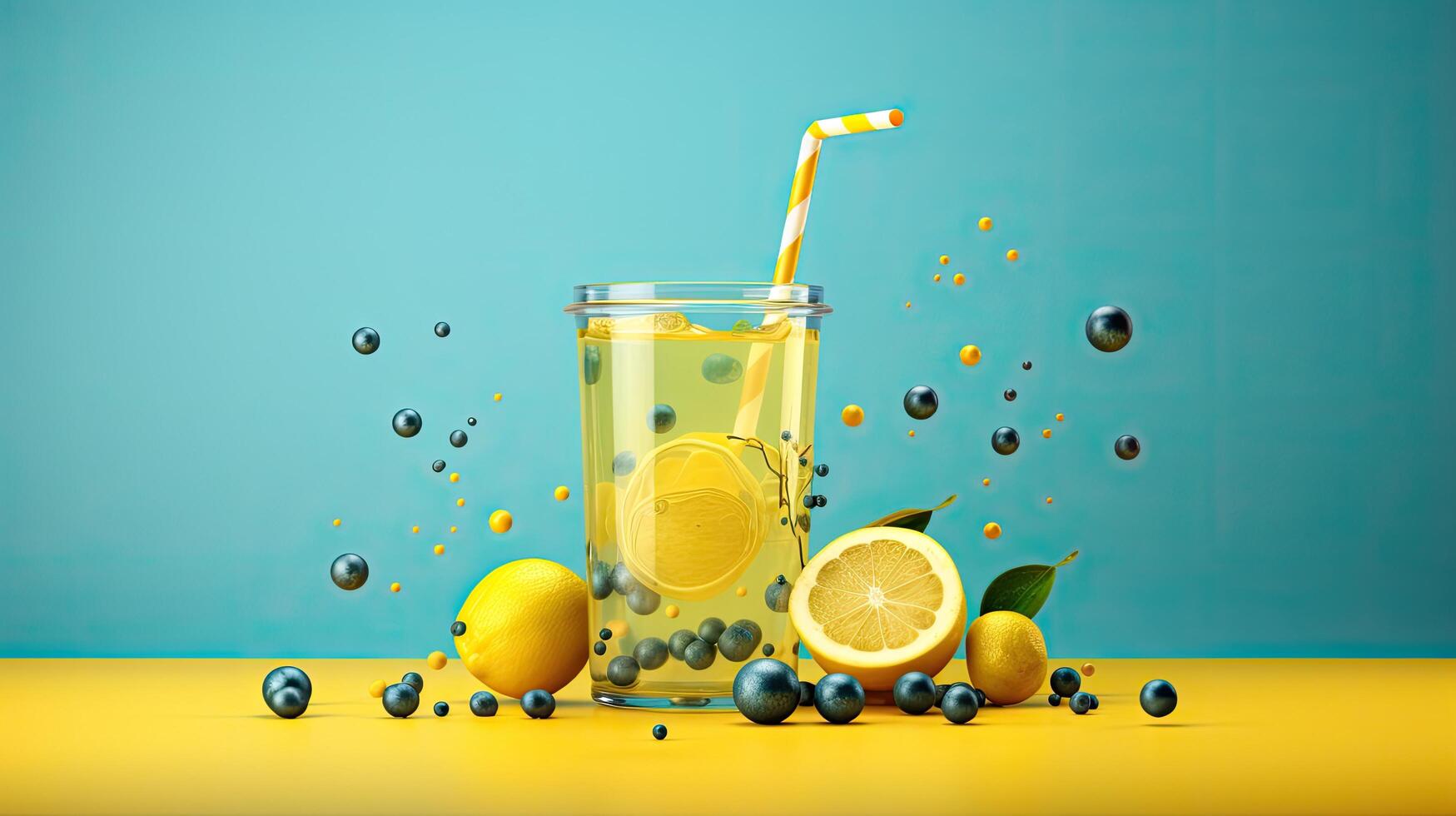 refreshing summer drink with lemon and blueberries photo