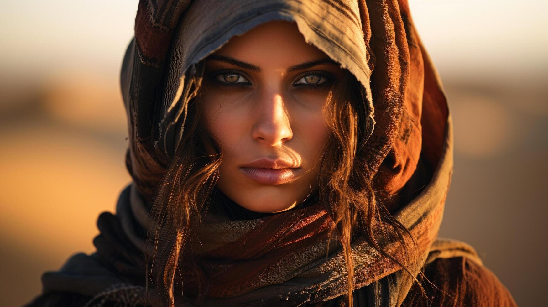 Mysterious woman in desert landscape photo