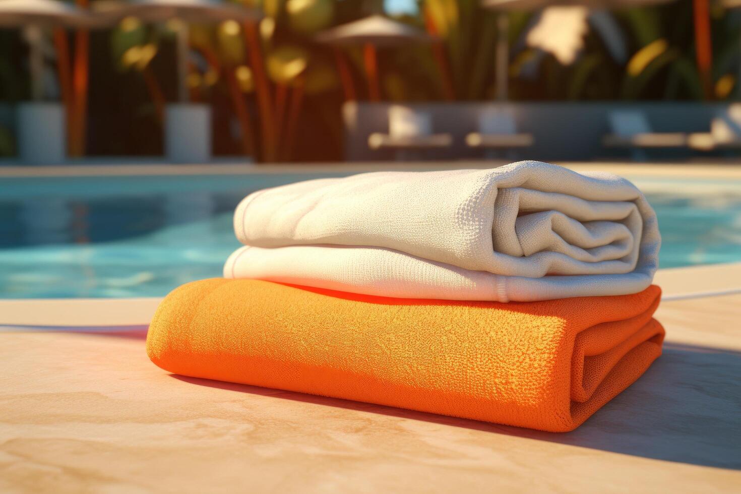 Folded towels by the pool photo
