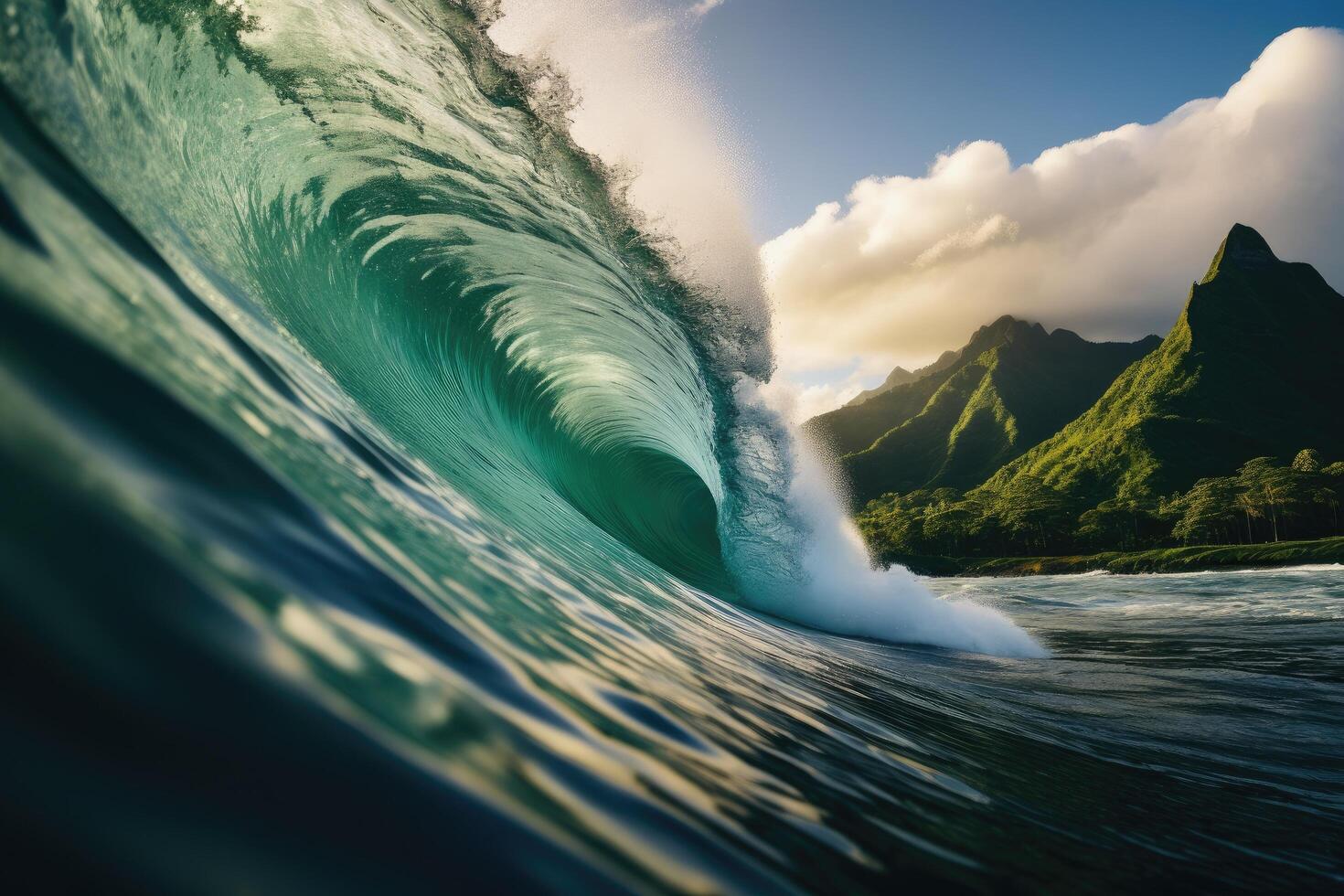 Powerful wave crashing against tropical coastline photo