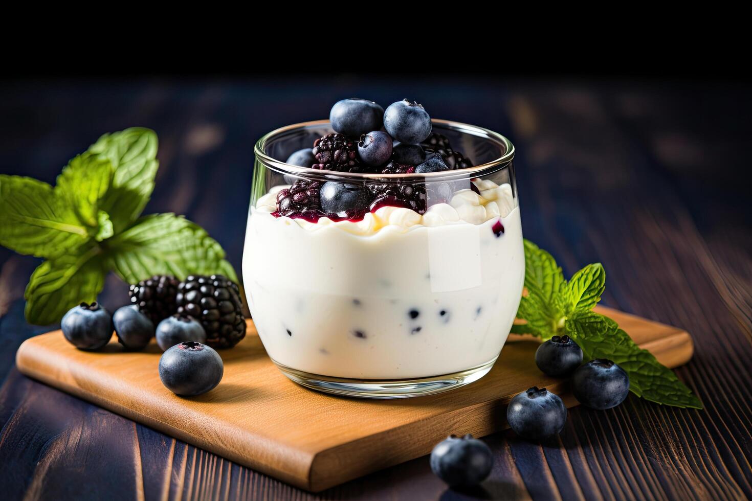 Delicious layered dessert with fresh berries and yogurt photo