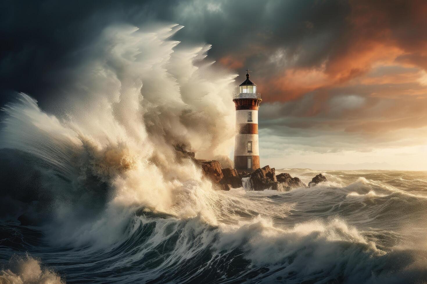 Powerful waves crashing against a lighthouse in a stormy seascape photo
