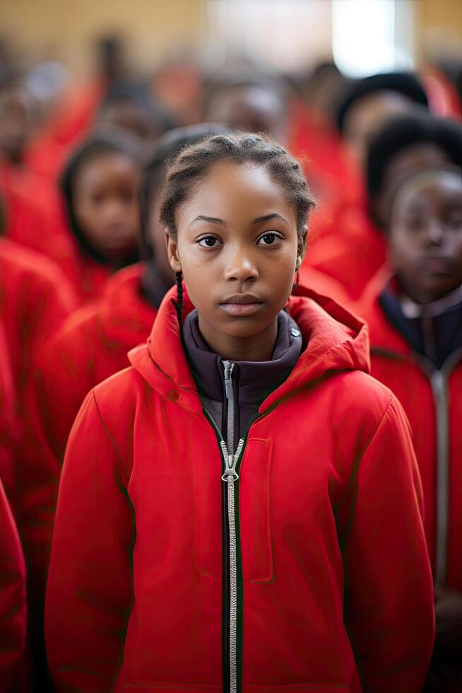 young person in red jacket in crowd photo