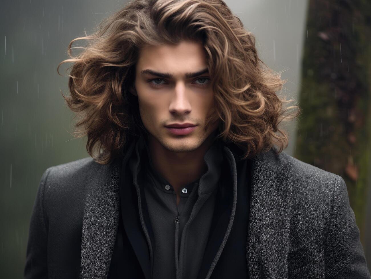 Handsome man with curly hair in black coat photo