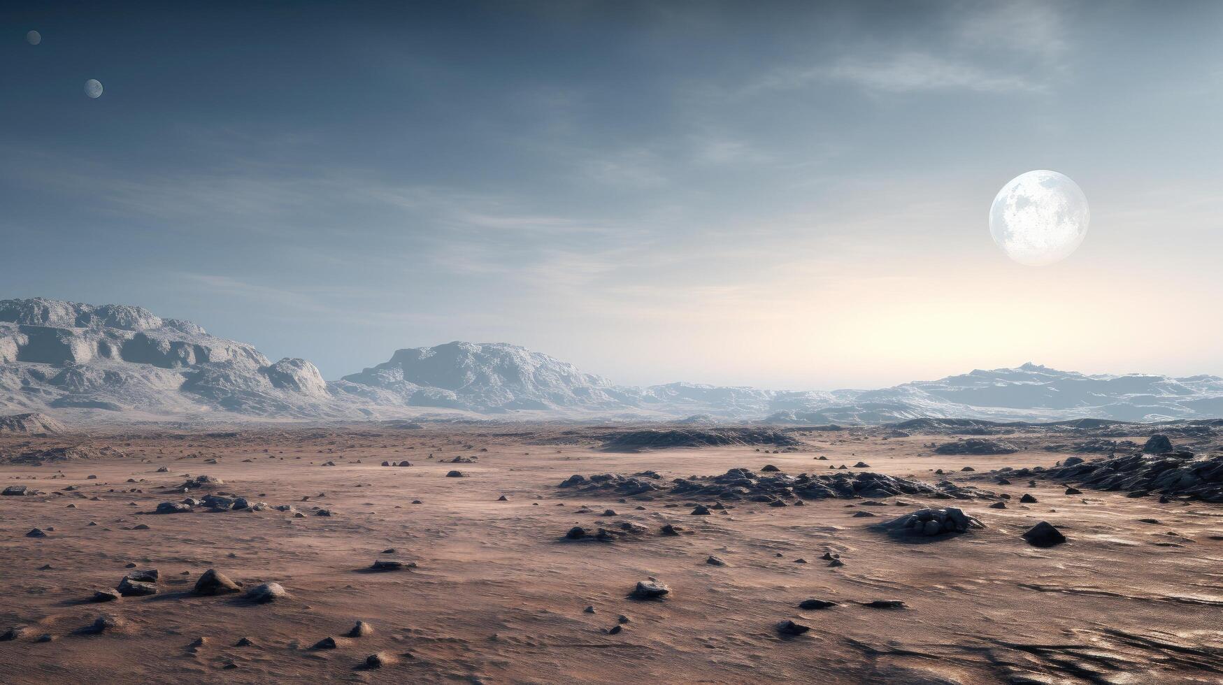 Vast desert landscape with mountains and full moon photo