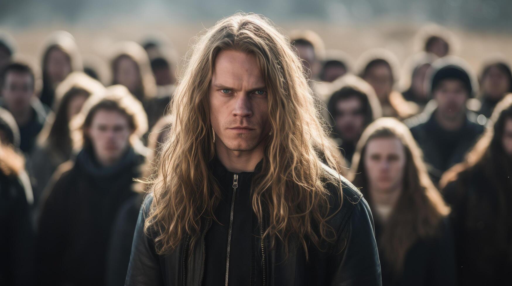 Serious young man with long hair standing in a crowd photo