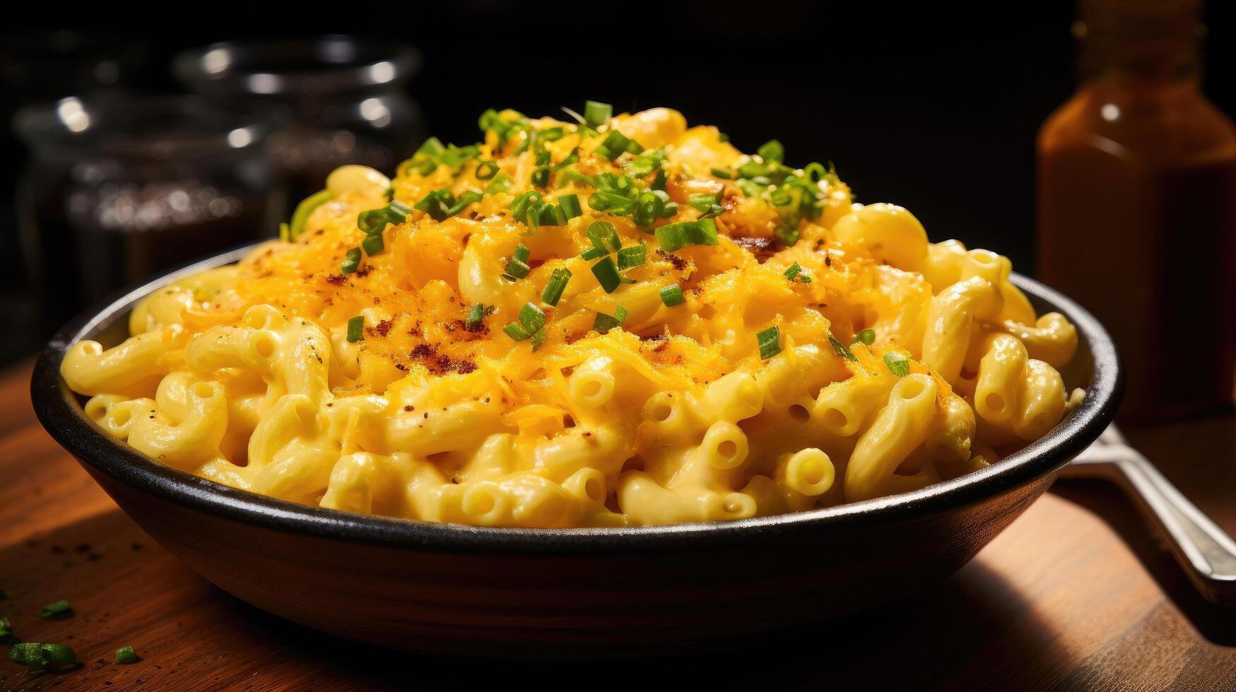 Delicious mac and cheese with melted cheese and green onions photo