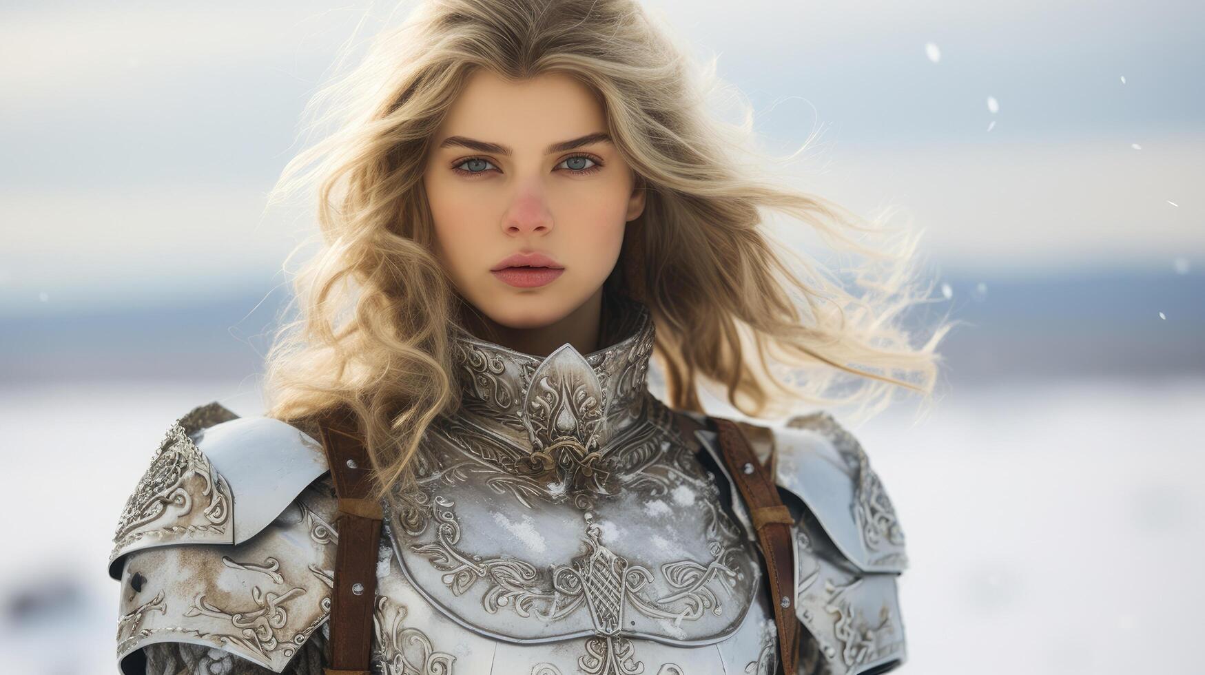 Fierce female warrior in winter landscape photo