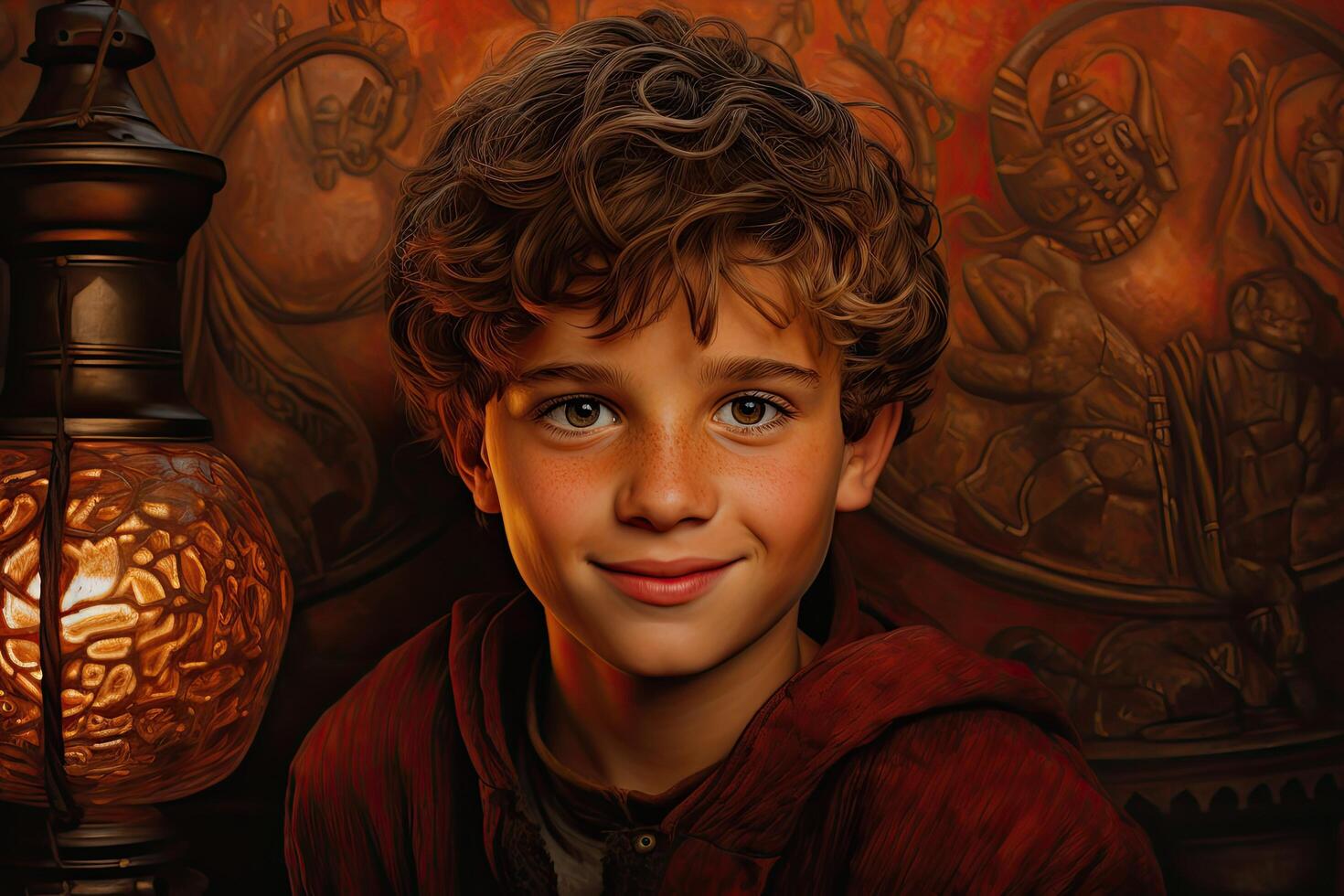 young boy with curly hair and warm expression photo
