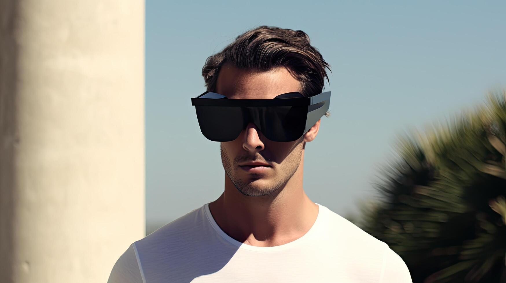 man wearing futuristic virtual reality headset photo