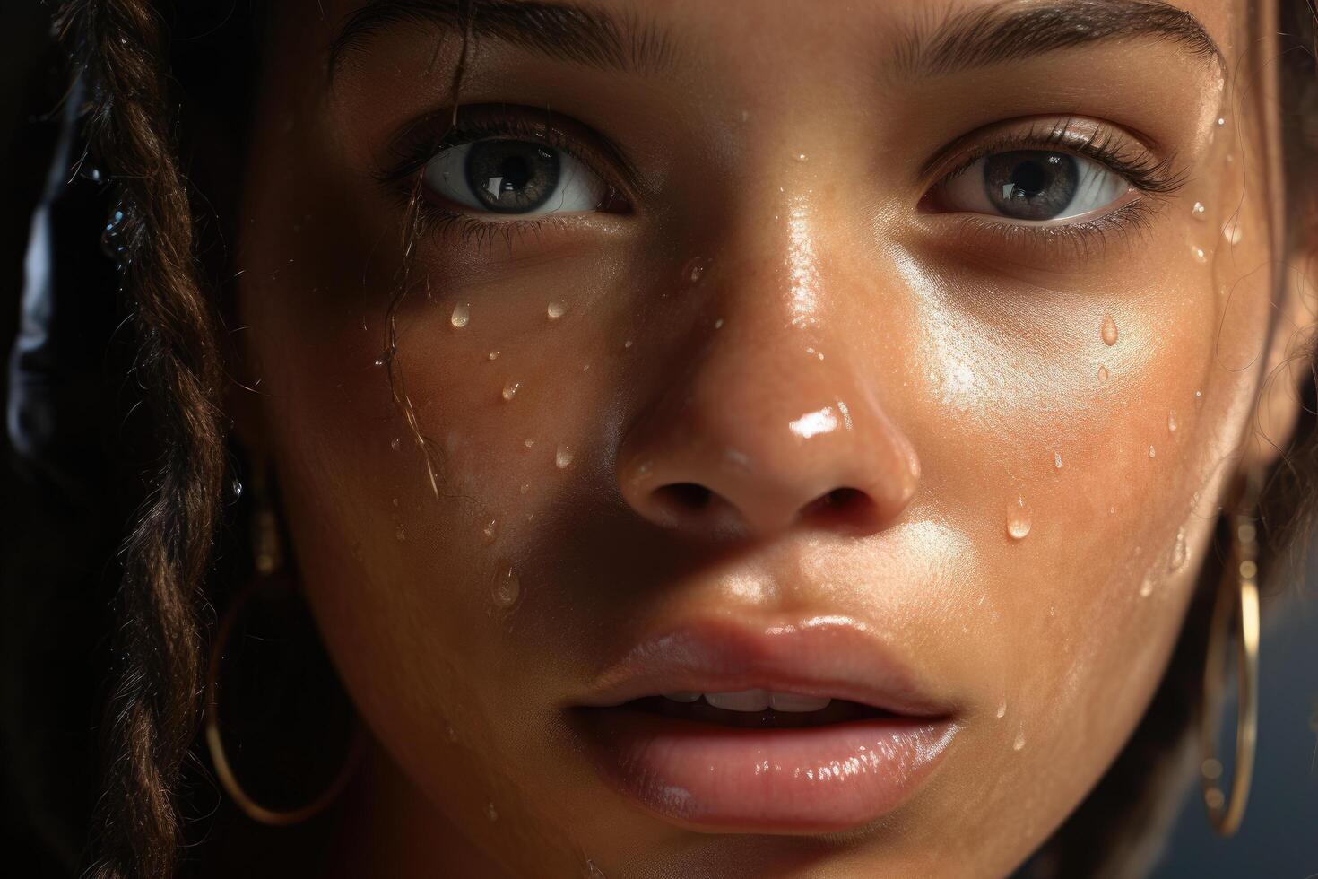 Closeup of a young womans face with tears photo