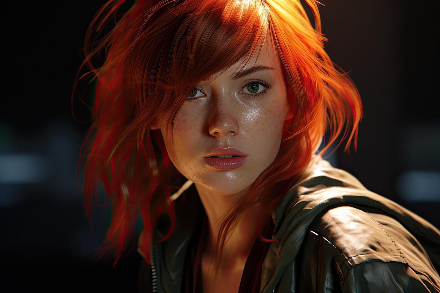 Intense gaze of a woman with vibrant red hair photo