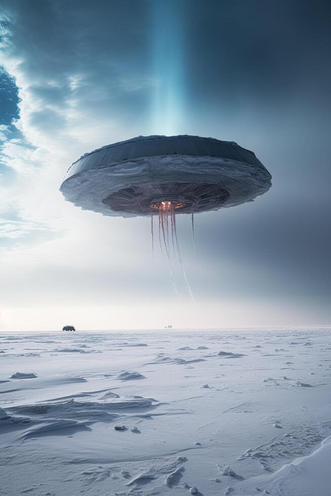 Mysterious UFO hovering over snowy landscape photo