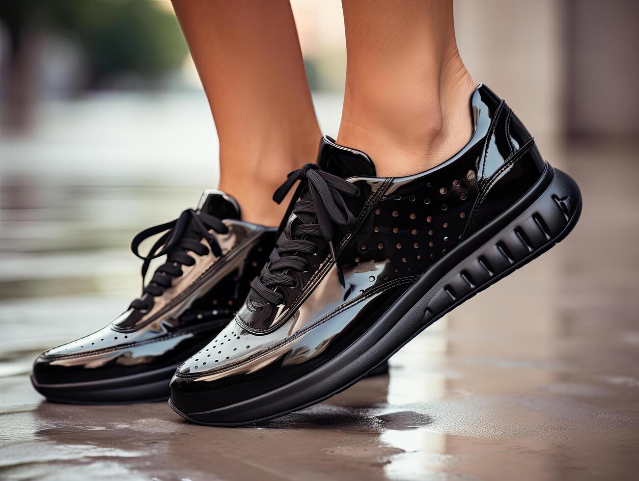 stylish black patent leather sneakers with perforated design photo
