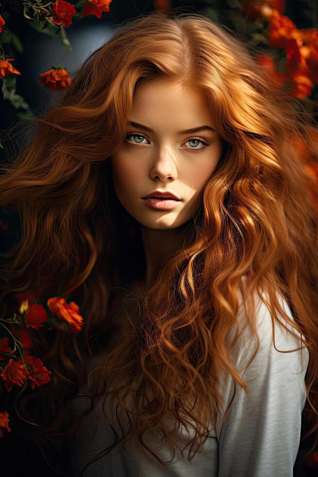 Captivating portrait of a woman with flowing red hair photo