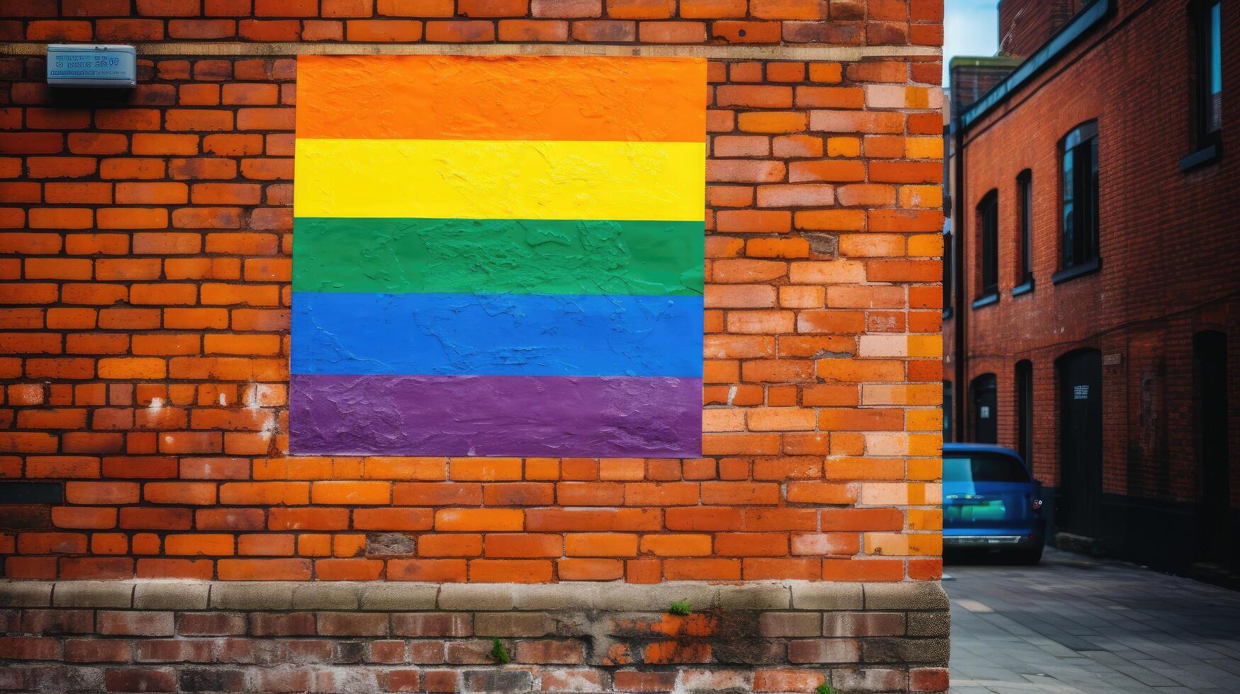 Vibrant rainbow mural on brick wall photo