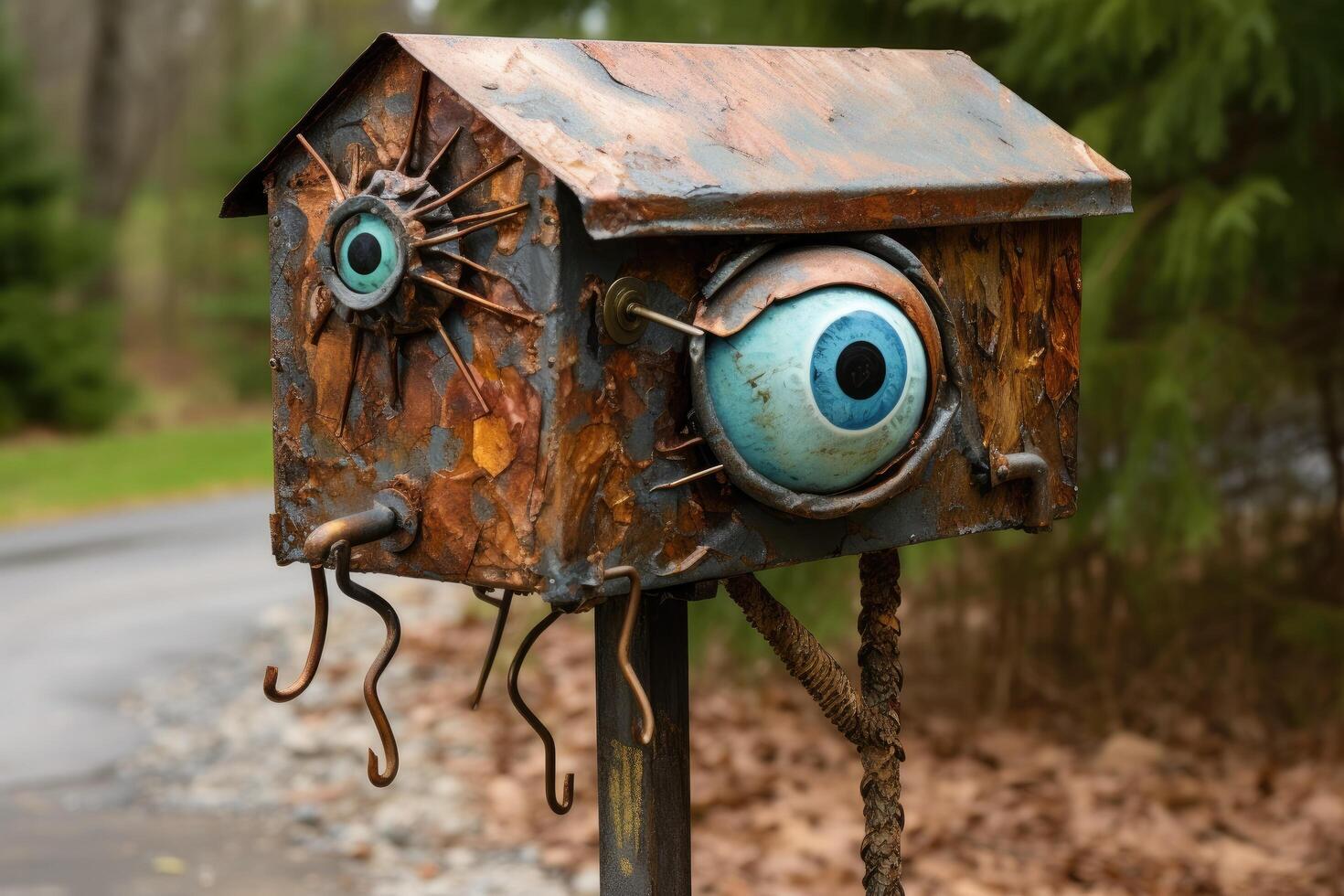 Whimsical birdhouse with blue eyes and rustic design photo